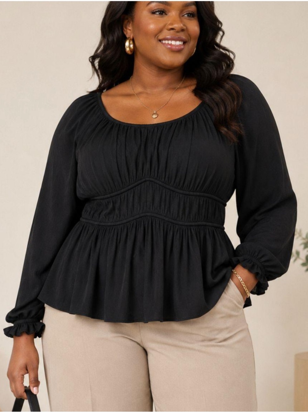 Nine West Black Gathered Scoop-Neck Peplum Blouse